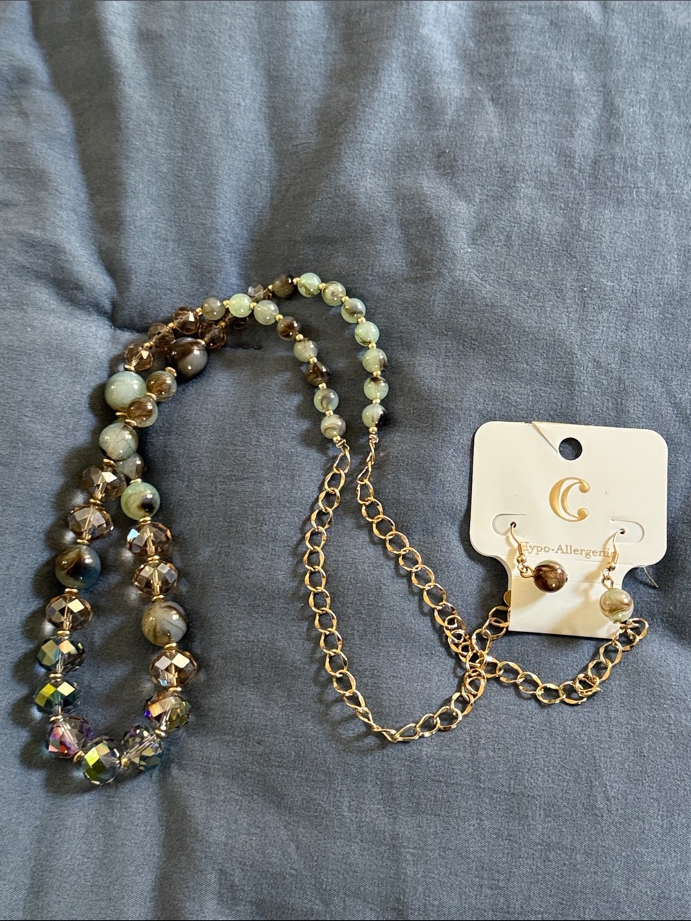 Charming Charlie Green and Gold Beaded Necklace with Matching Earrings